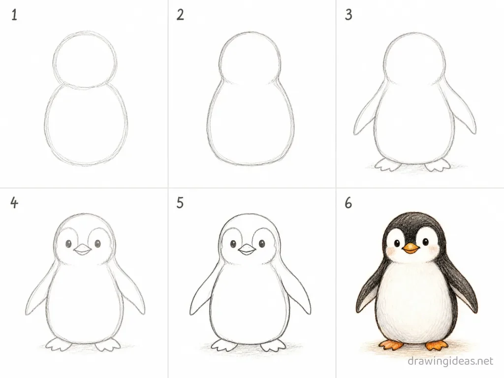 How to draw a penguin step by step — 6-step penguin drawing tutorial grid