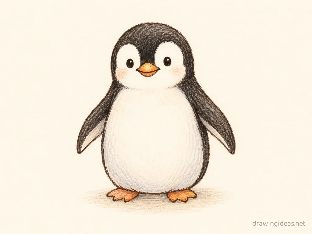 Penguin drawing — hand-drawn penguin illustration with ink lines and soft colors