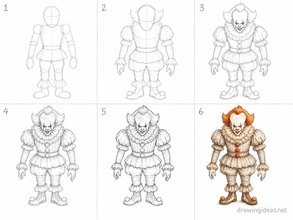 How to draw Pennywise step by step — 6-step Pennywise drawing tutorial grid