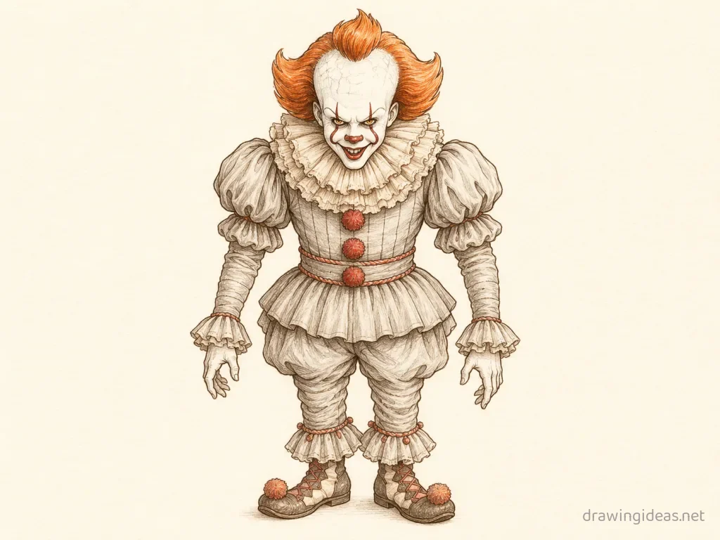 Pennywise drawing — hand-drawn Pennywise illustration with ink lines and soft colors