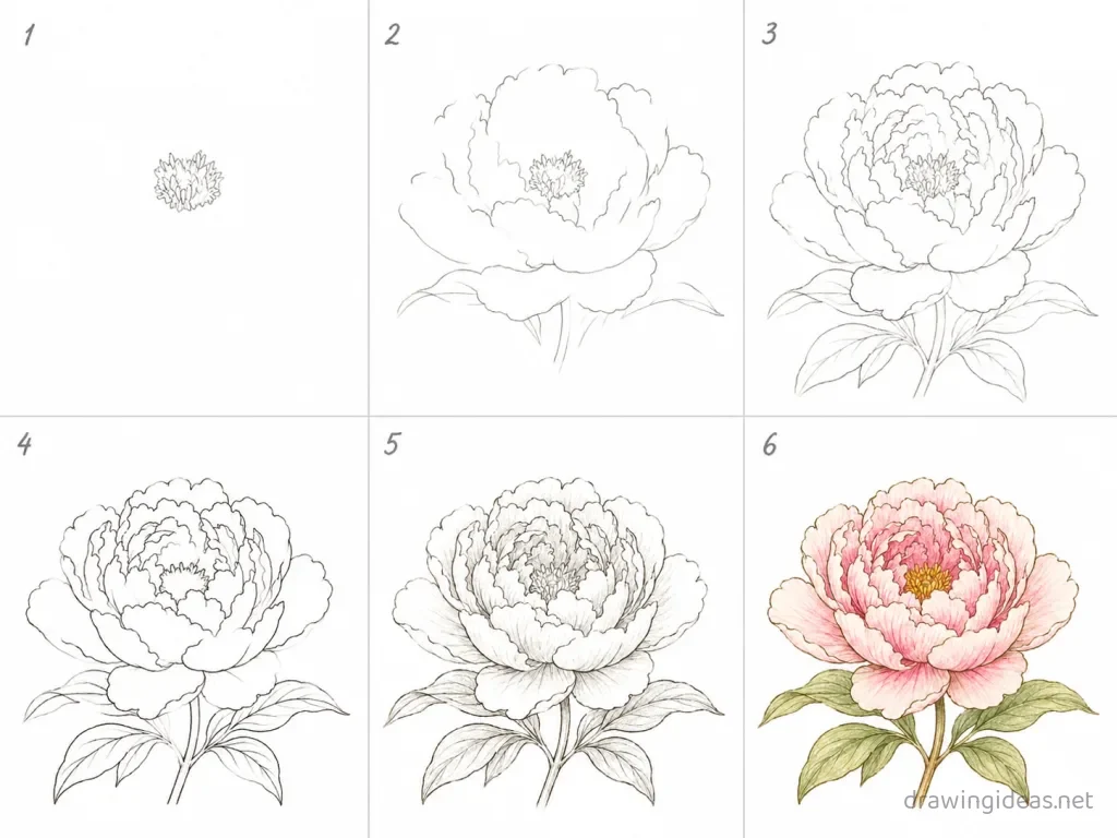 How to draw a peony step by step — 6-step peony drawing tutorial grid
