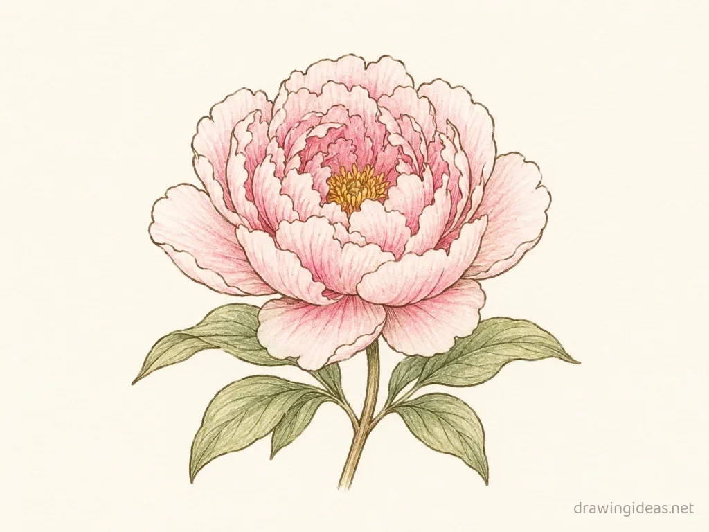 Peony drawing — hand-drawn peony illustration with ink lines and soft colors