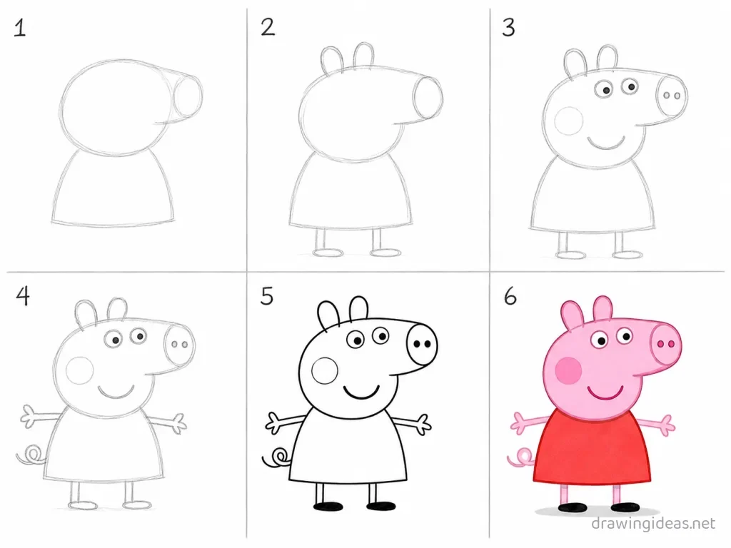 How to draw Peppa Pig step by step — 6-step Peppa Pig drawing tutorial grid