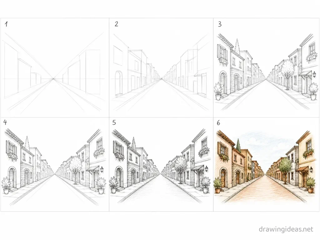 How to draw perspective step by step — 6-step perspective drawing tutorial grid