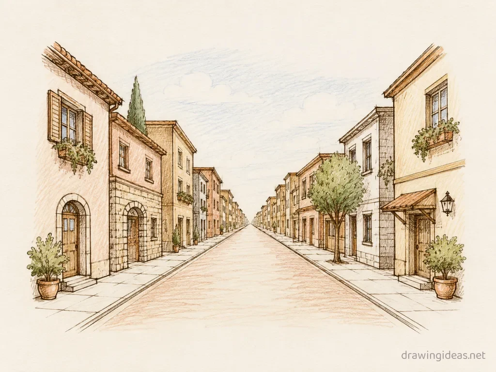 Perspective drawing ā hand-drawn perspective illustration with ink lines and soft colors