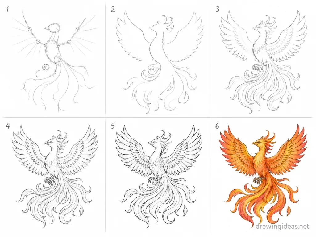 How to draw a phoenix step by step — 6-step phoenix drawing tutorial grid