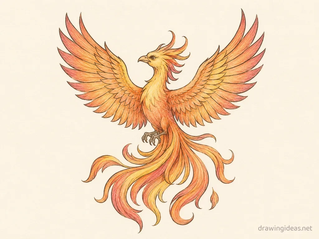 Phoenix drawing — hand-drawn phoenix illustration with ink lines and soft colors