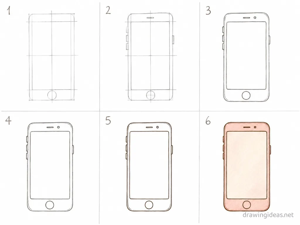 How to draw a phone step by step — 6-step phone drawing tutorial grid