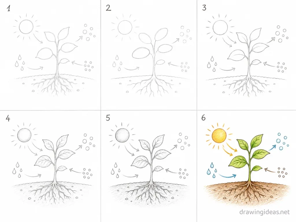 How to draw photosynthesis step by step — 6-step photosynthesis drawing tutorial grid