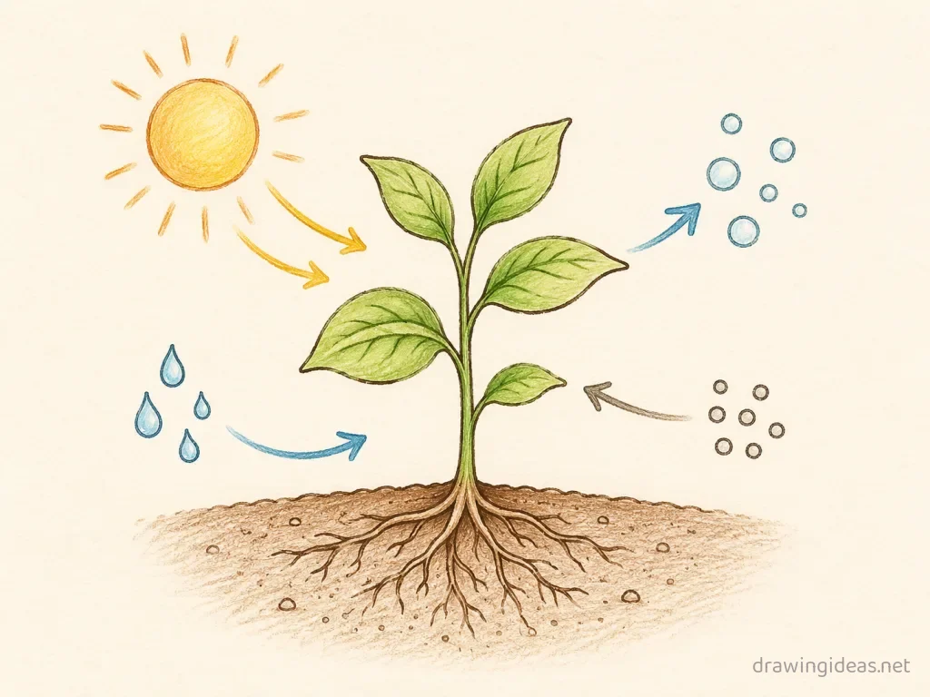 Photosynthesis drawing — hand-drawn photosynthesis illustration with ink lines and soft colors