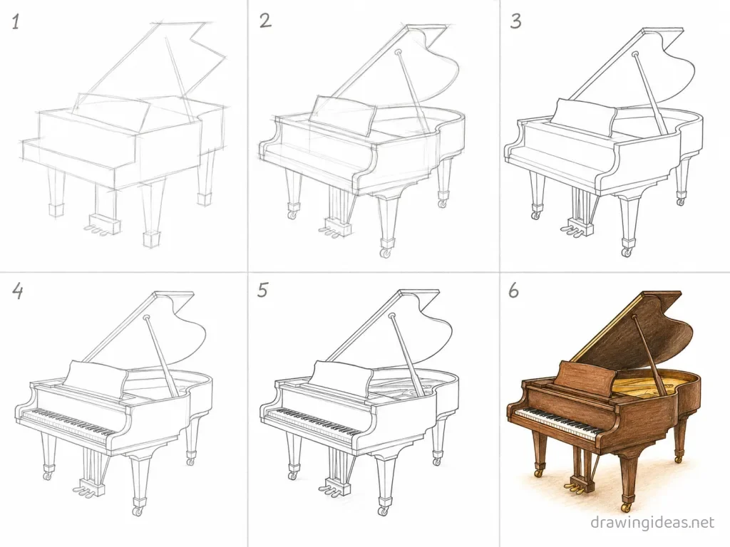 How to draw a piano step by step — 6-step piano drawing tutorial grid