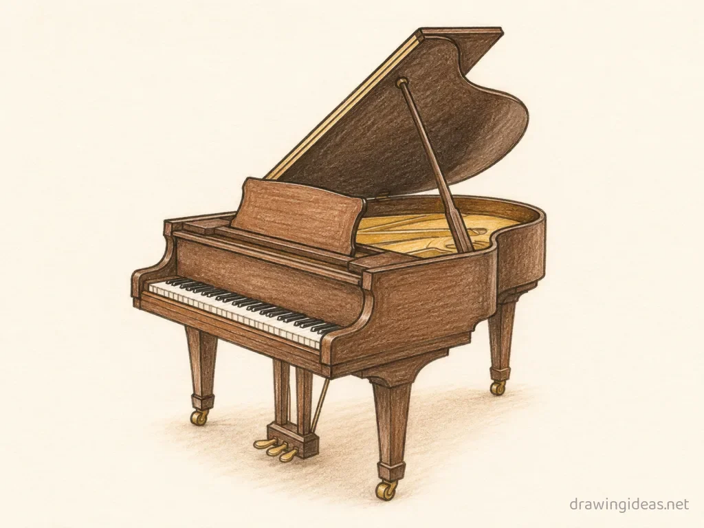 Piano drawing — hand-drawn piano illustration with ink lines and soft colors