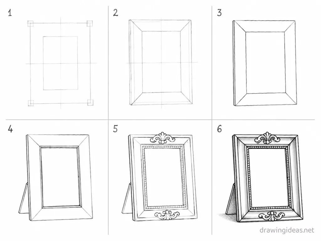 How to draw a picture frame step by step — 6-step picture frame drawing tutorial grid