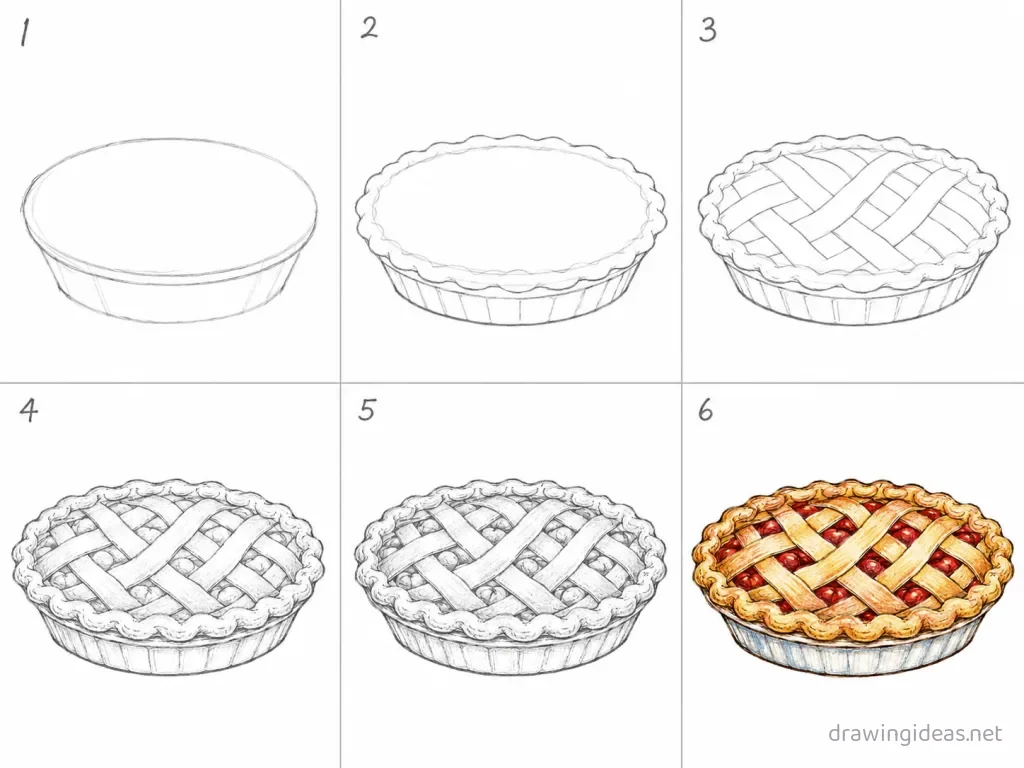 How to draw a pie step by step — 6-step pie drawing tutorial grid