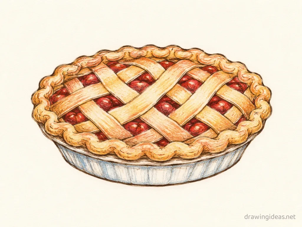 Pie drawing — hand-drawn pie illustration with ink lines and soft colors