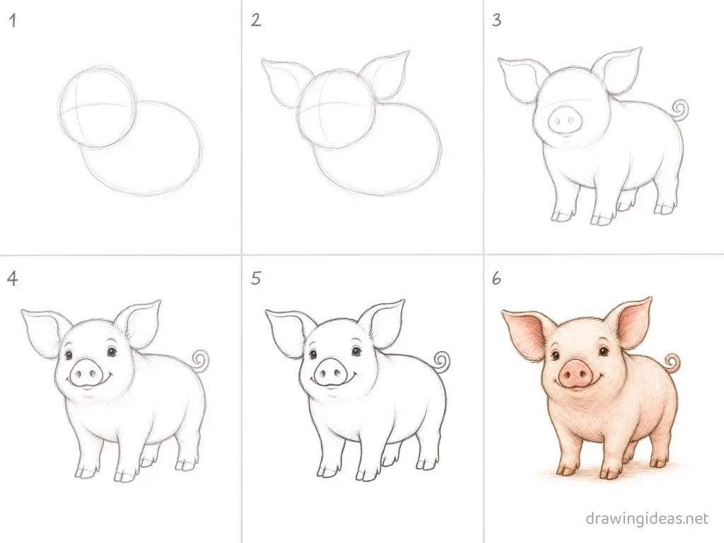 How to draw a pig step by step — 6-step pig drawing tutorial grid