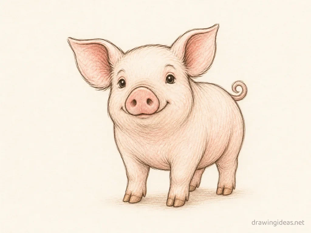 Pig drawing — hand-drawn pig illustration with ink lines and soft colors