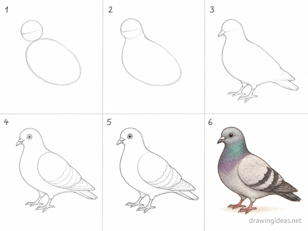 How to draw a pigeon step by step — 6-step pigeon drawing tutorial grid