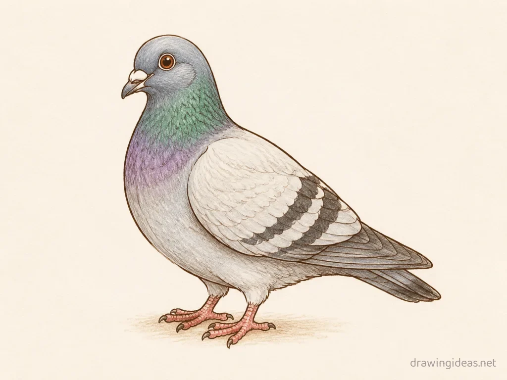 Pigeon drawing — hand-drawn pigeon illustration with ink lines and soft colors
