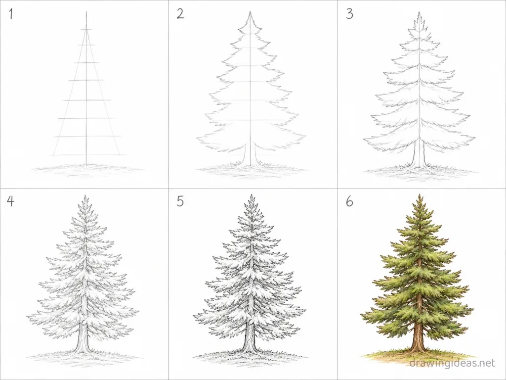 How to draw a pine tree step by step — 6-step pine tree drawing tutorial grid
