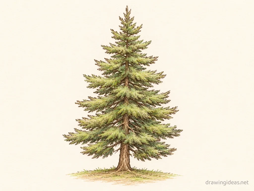 Pine Tree drawing — hand-drawn pine tree illustration with ink lines and soft colors