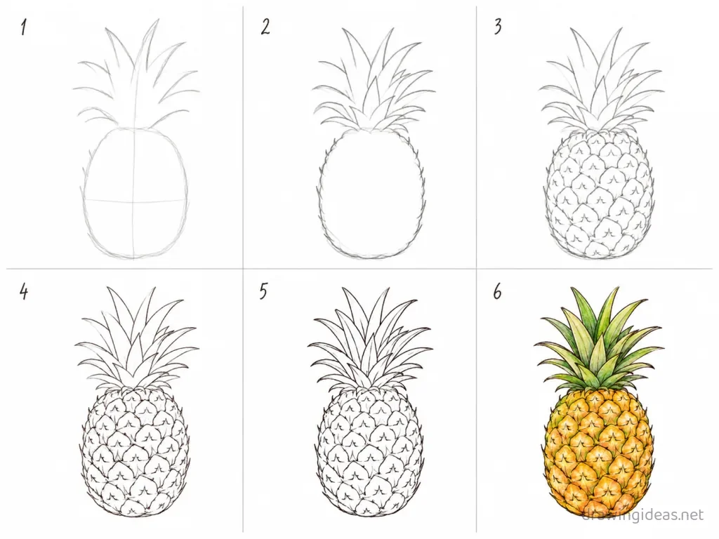 How to draw a pineapple step by step — 6-step pineapple drawing tutorial grid