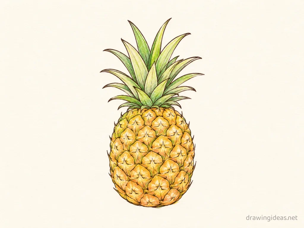 Pineapple drawing — hand-drawn pineapple illustration with ink lines and soft colors