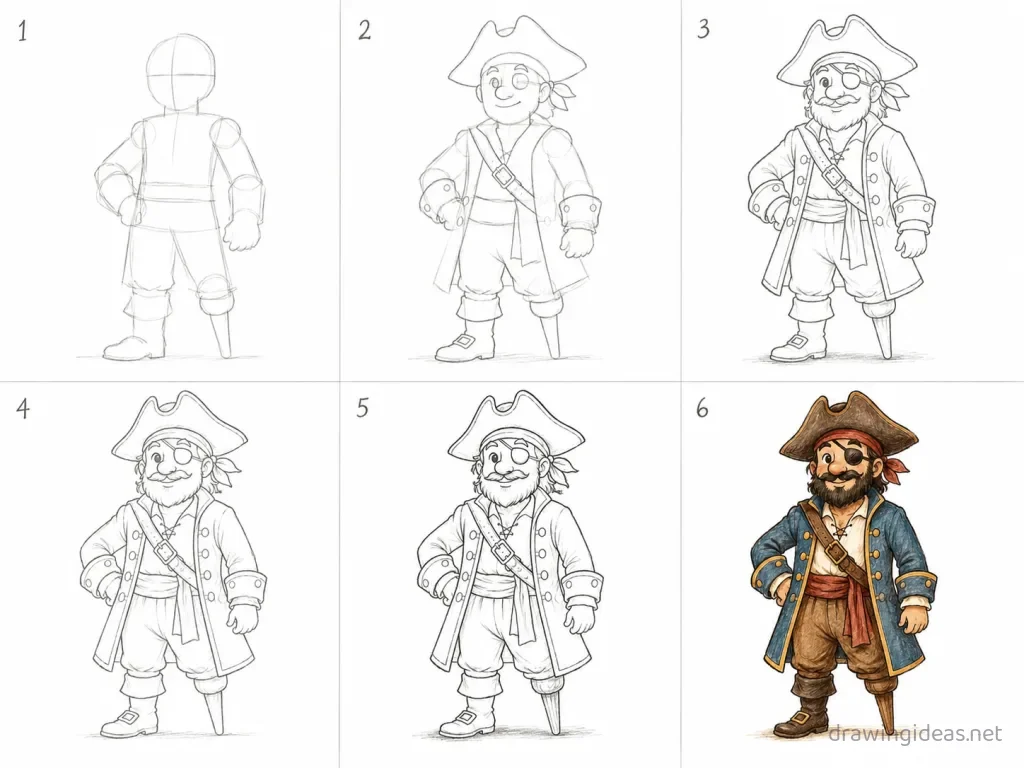 How to draw a pirate step by step — 6-step pirate drawing tutorial grid