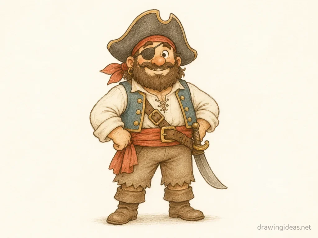 Pirate drawing — hand-drawn pirate illustration with ink lines and soft colors