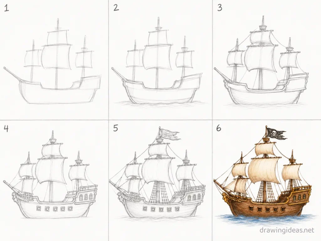 How to draw a pirate ship step by step — 6-step pirate ship drawing tutorial grid