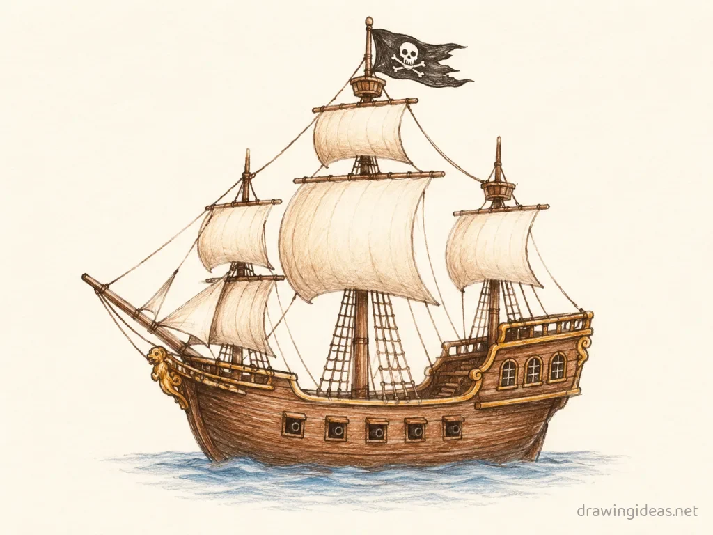 Pirate Ship drawing ā hand-drawn pirate ship illustration with ink lines and soft colors