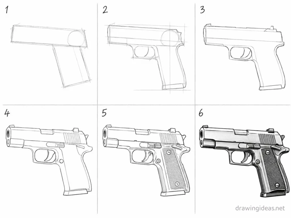 How to draw a pistol step by step — 6-step pistol drawing tutorial grid
