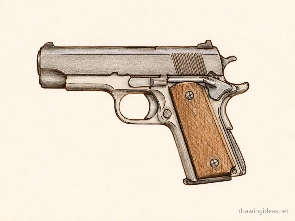 Pistol drawing — hand-drawn pistol illustration with ink lines and soft colors