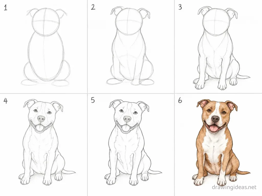 How to draw a pitbull step by step — 6-step pitbull drawing tutorial grid