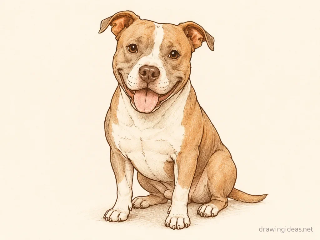 Pitbull drawing — hand-drawn pitbull illustration with ink lines and soft colors