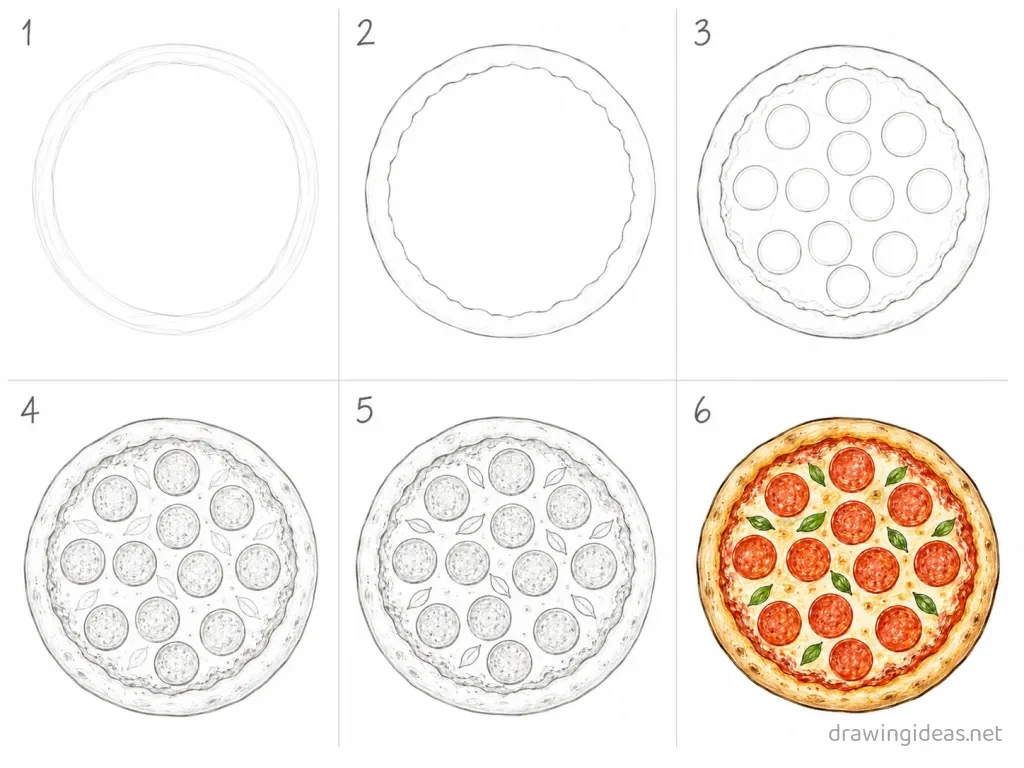 How to draw a pizza step by step — 6-step pizza drawing tutorial grid