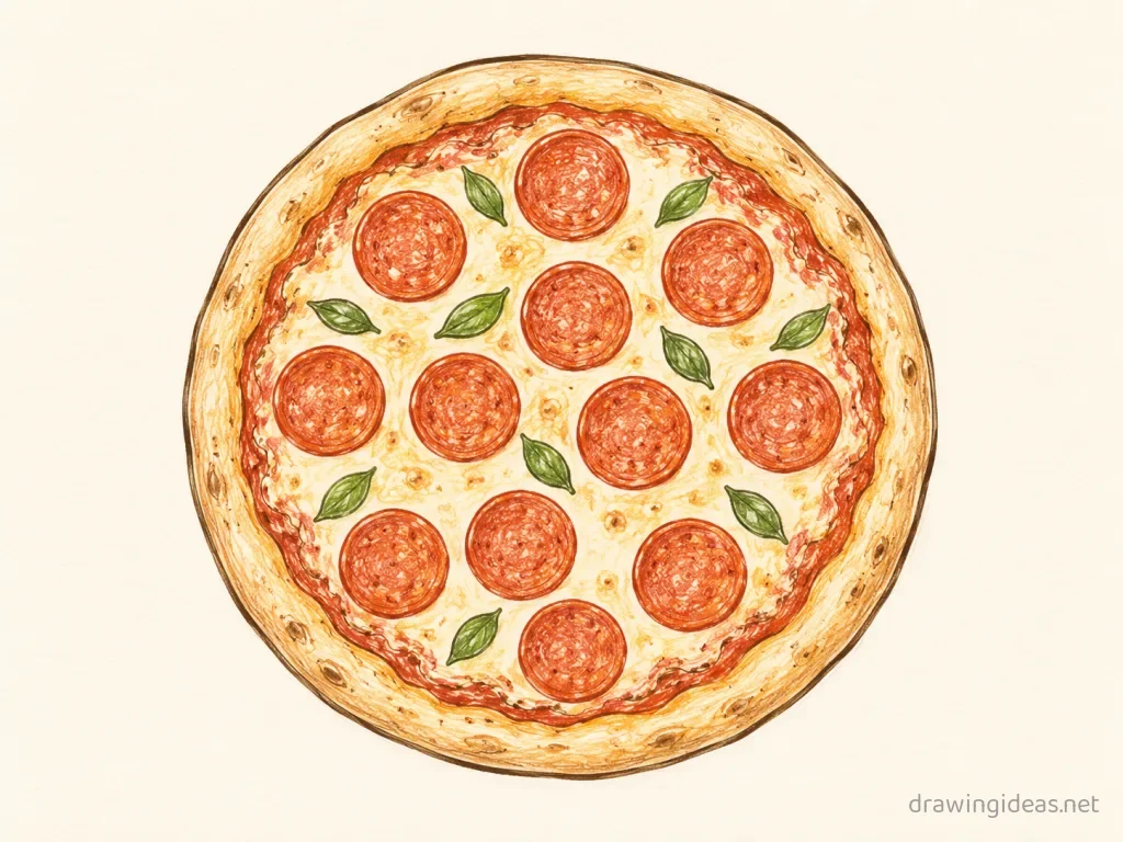 Pizza drawing — hand-drawn pizza illustration with ink lines and soft colors