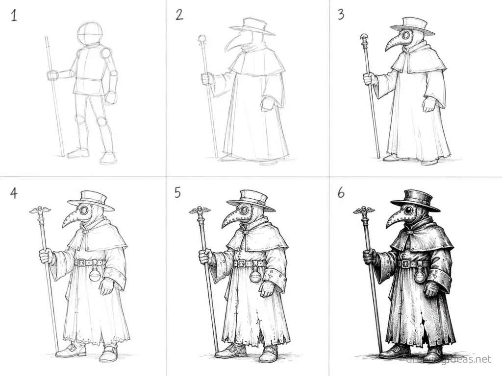 How to draw a plague doctor step by step — 6-step plague doctor drawing tutorial grid