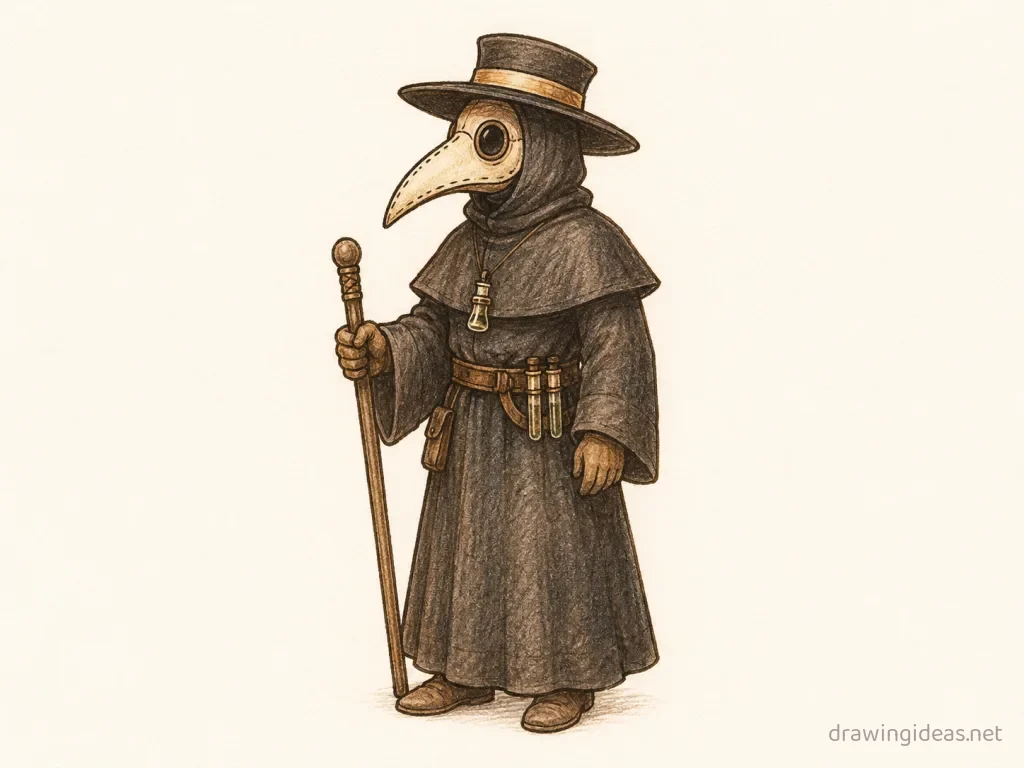 Plague Doctor drawing — hand-drawn plague doctor illustration with ink lines and soft colors