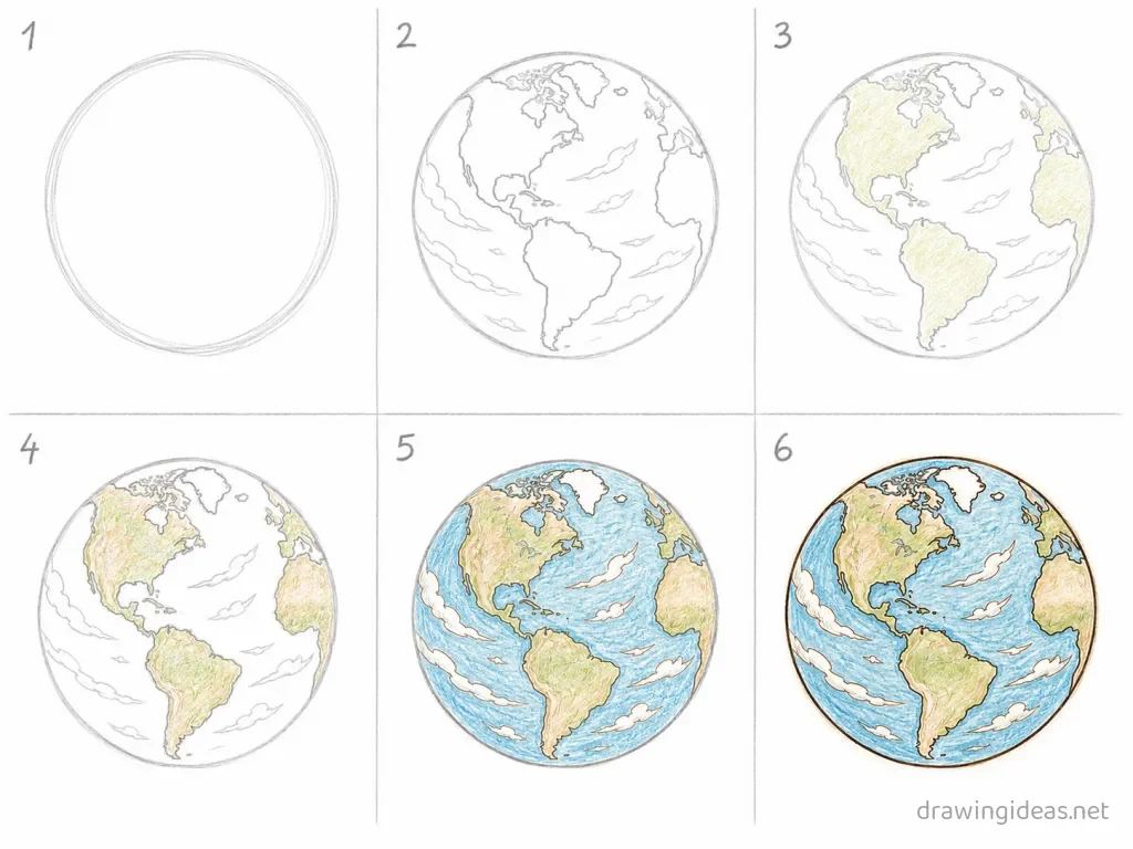 How to draw a planet step by step — 6-step planet drawing tutorial grid