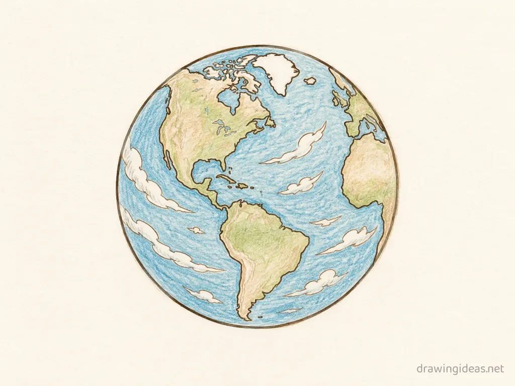 Planet drawing — hand-drawn planet illustration with ink lines and soft colors