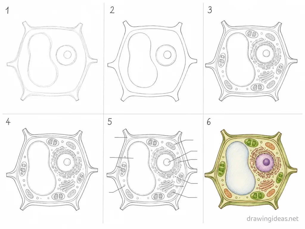 How to draw a plant cell step by step — 6-step plant cell drawing tutorial grid