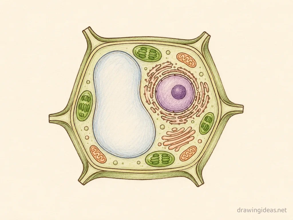 Plant Cell drawing — hand-drawn plant cell illustration with ink lines and soft colors