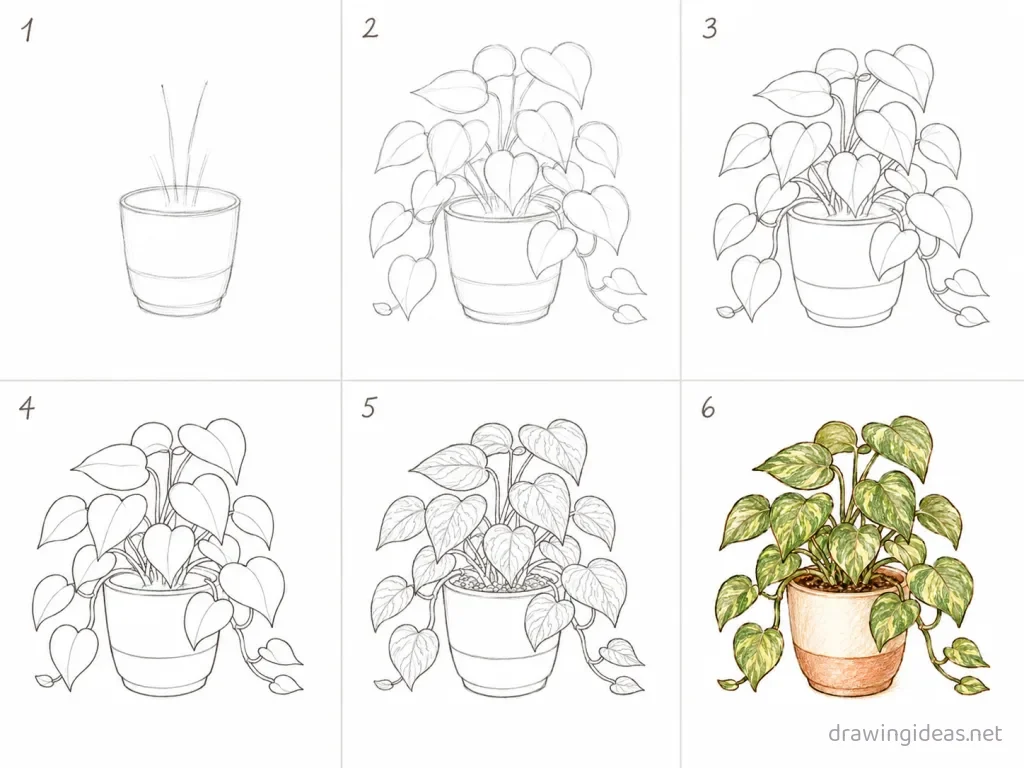How to draw a plant step by step — 6-step plant drawing tutorial grid