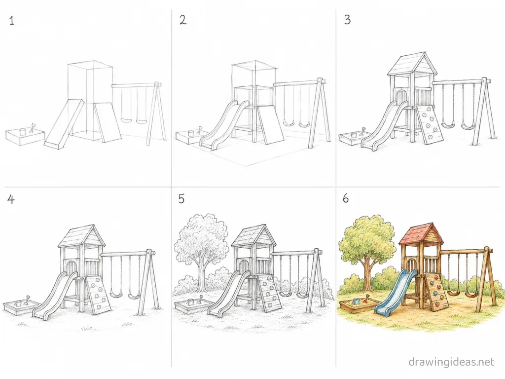 How to draw a playground step by step — 6-step playground drawing tutorial grid