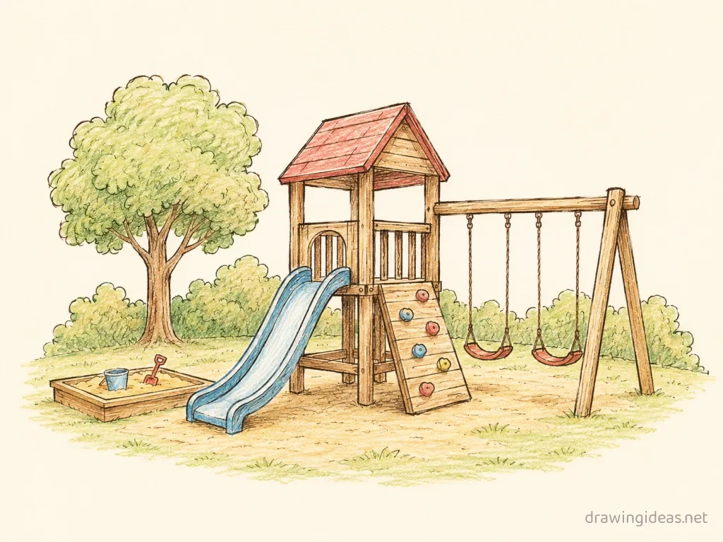 Playground drawing — hand-drawn playground illustration with ink lines and soft colors