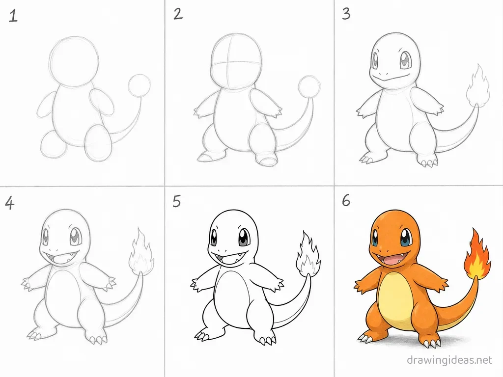 How to draw Pokemon step by step — 6-step Pokemon drawing tutorial grid