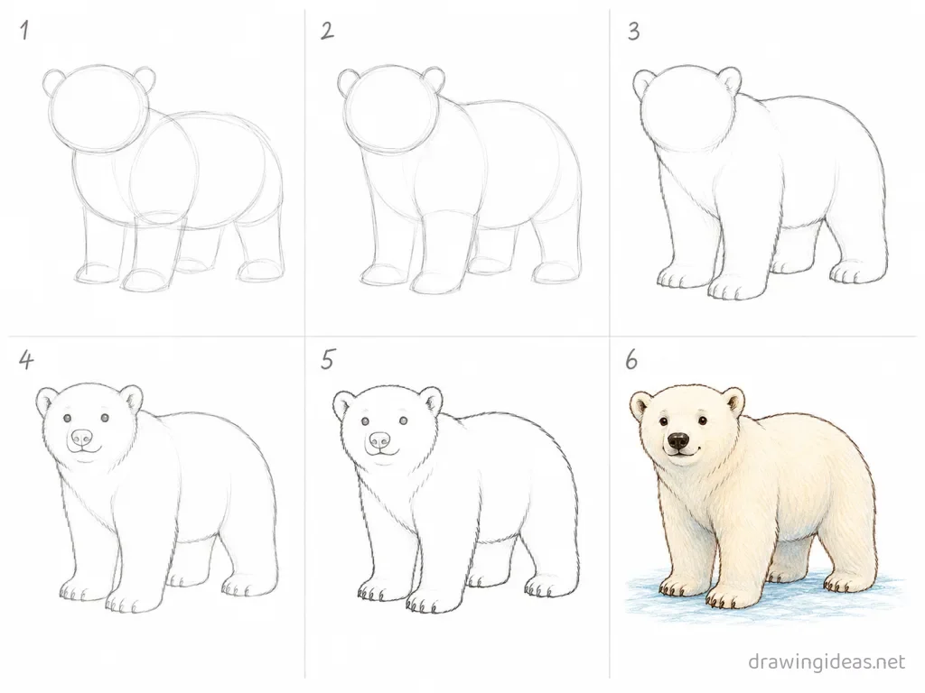 How to draw a polar bear step by step — 6-step polar bear drawing tutorial grid