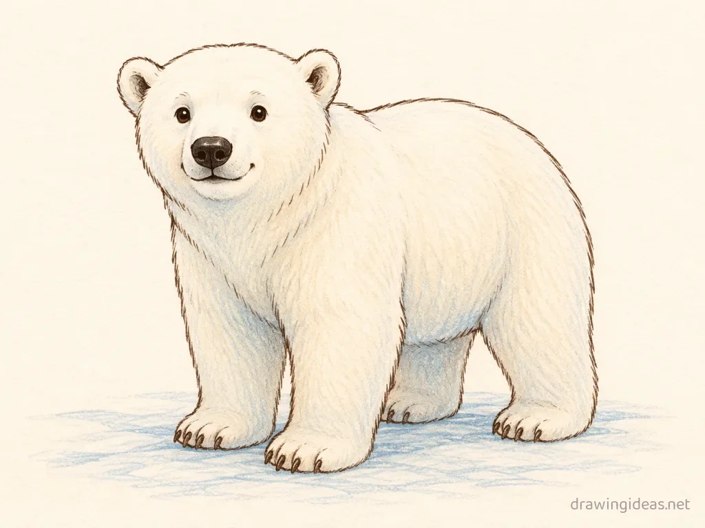 Polar Bear drawing — hand-drawn polar bear illustration with ink lines and soft colors