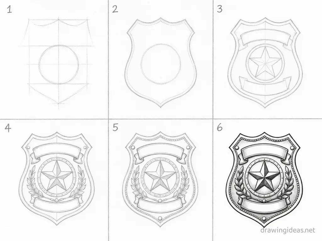 How to draw a police badge step by step — 6-step police badge drawing tutorial grid